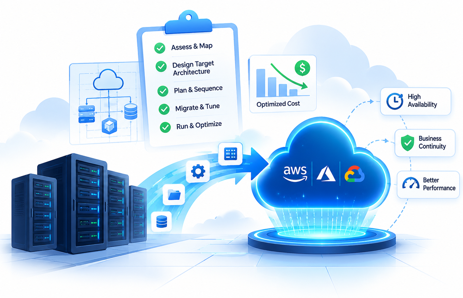 Migration path from on-premise server racks to AWS, Azure and Google Cloud, with the assess, design, plan, migrate and optimize stages and the availability, continuity and performance gains