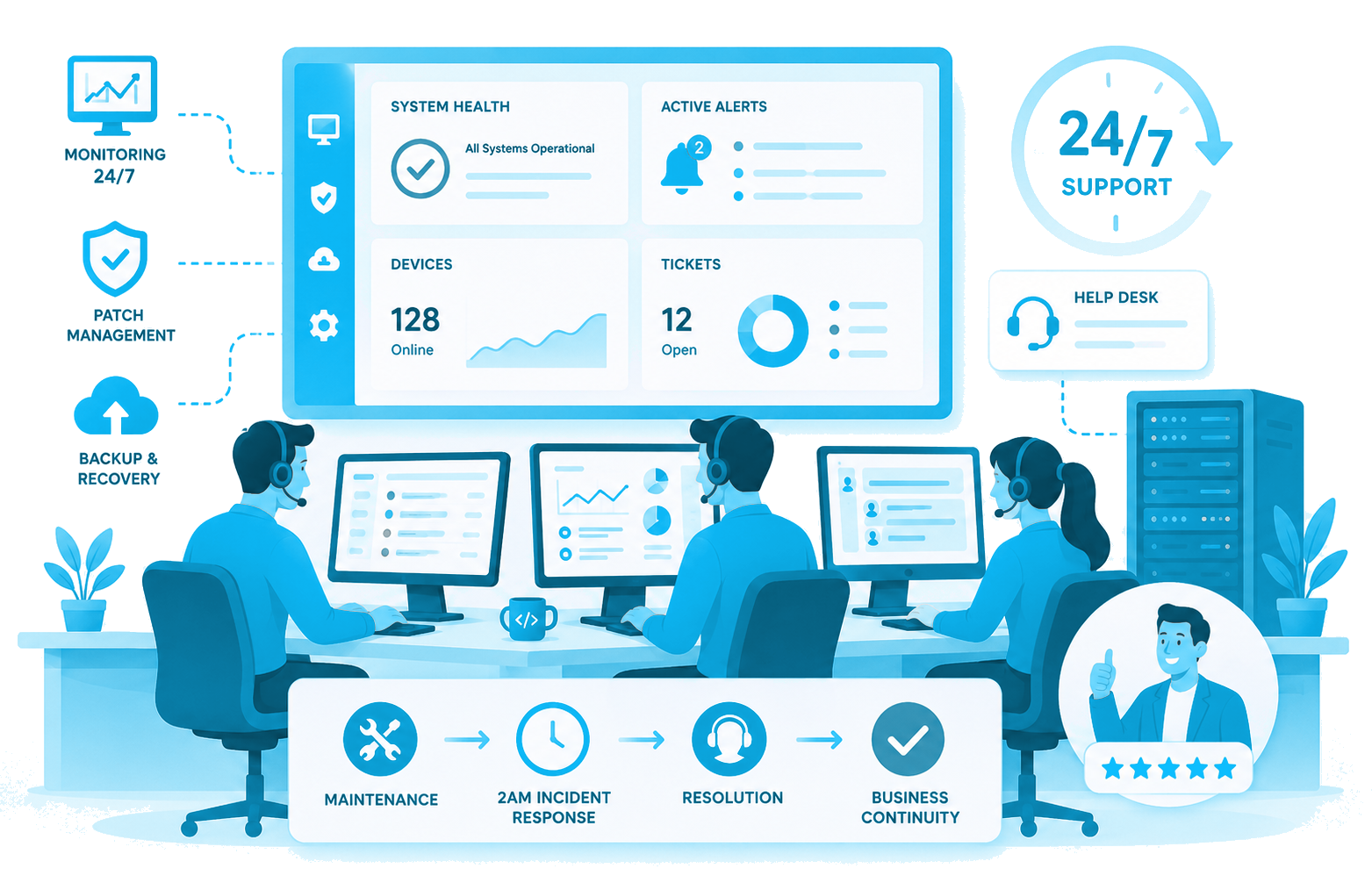 Cloud Ripples managed IT services team monitoring client infrastructure