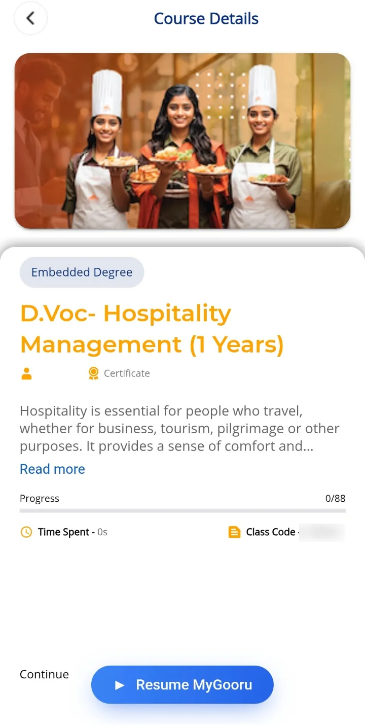 Course Details screen with a course banner image of three hospitality trainees, an Embedded Degree tag, the course title and description, a progress bar, time spent, a class code and a Resume MyGooru button.