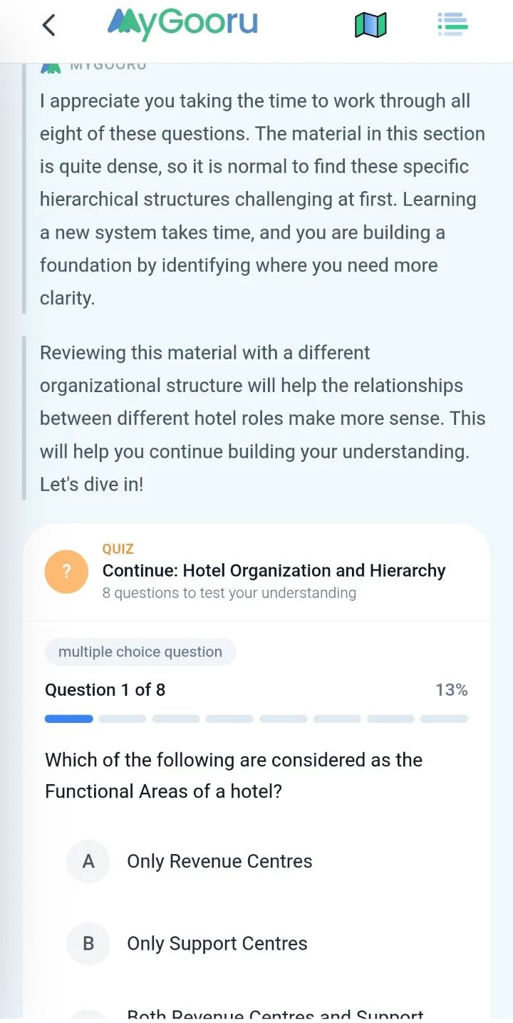 The MyGooru player inside the app showing a lesson note and a quiz titled Continue: Hotel Organization and Hierarchy, question 1 of 8, a multiple choice question with answer options.