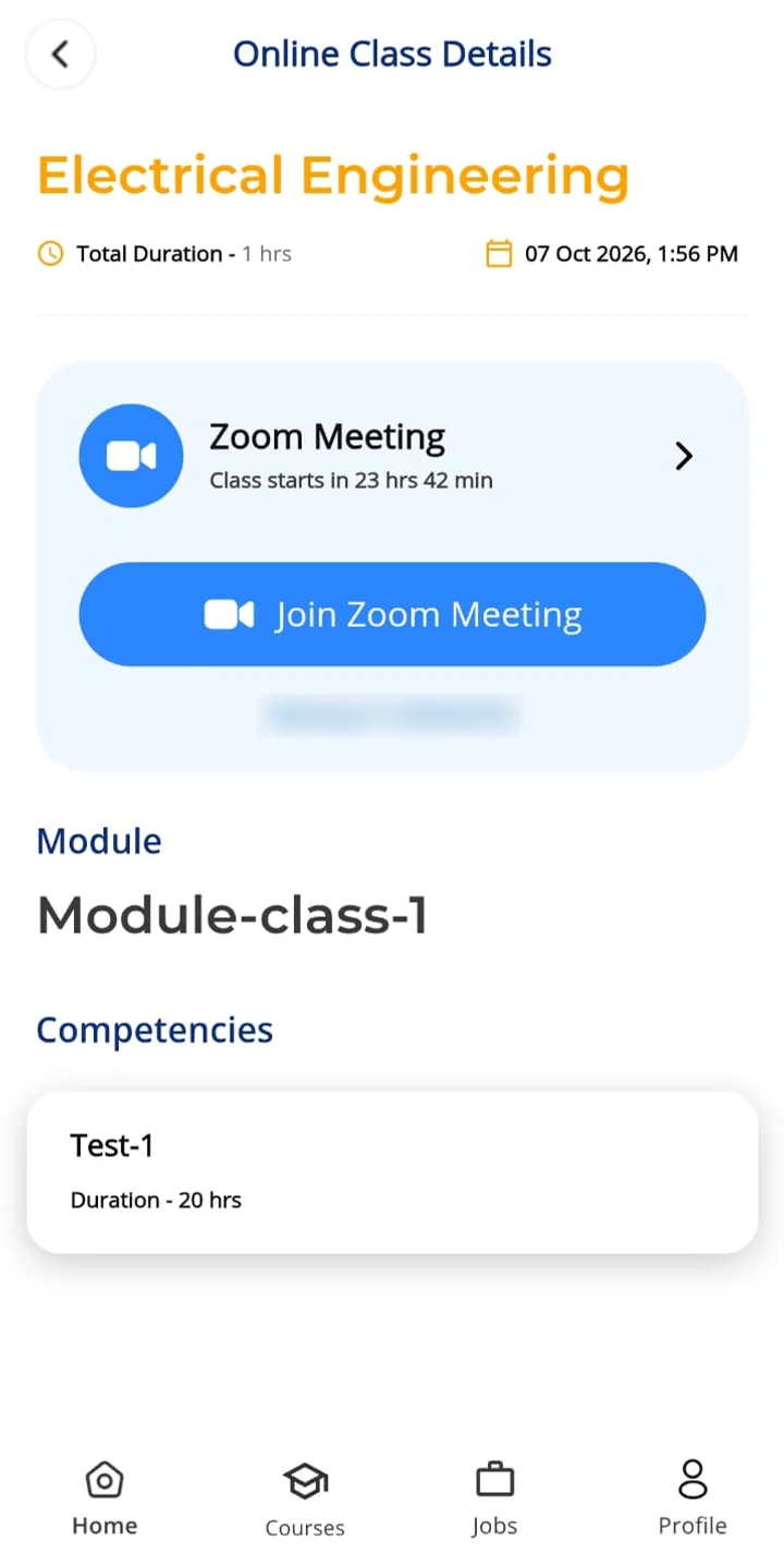 Online Class Details screen with the course name, total duration and date, a Zoom Meeting card with a Join Zoom Meeting button, and the module and competencies for the class.