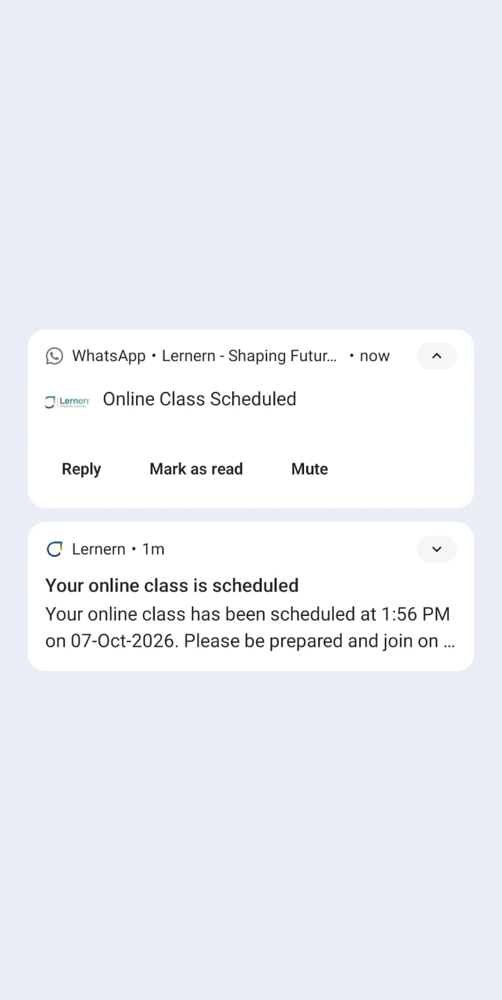 Two Android notifications: a WhatsApp message titled Online Class Scheduled, and a Lernern push message reading Your online class is scheduled.