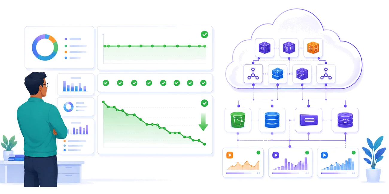 An engineer watching monitoring dashboards: a flat uptime line, green status checks and a cost chart stepping downward, beside a cloud platform of containers, storage and streaming services.