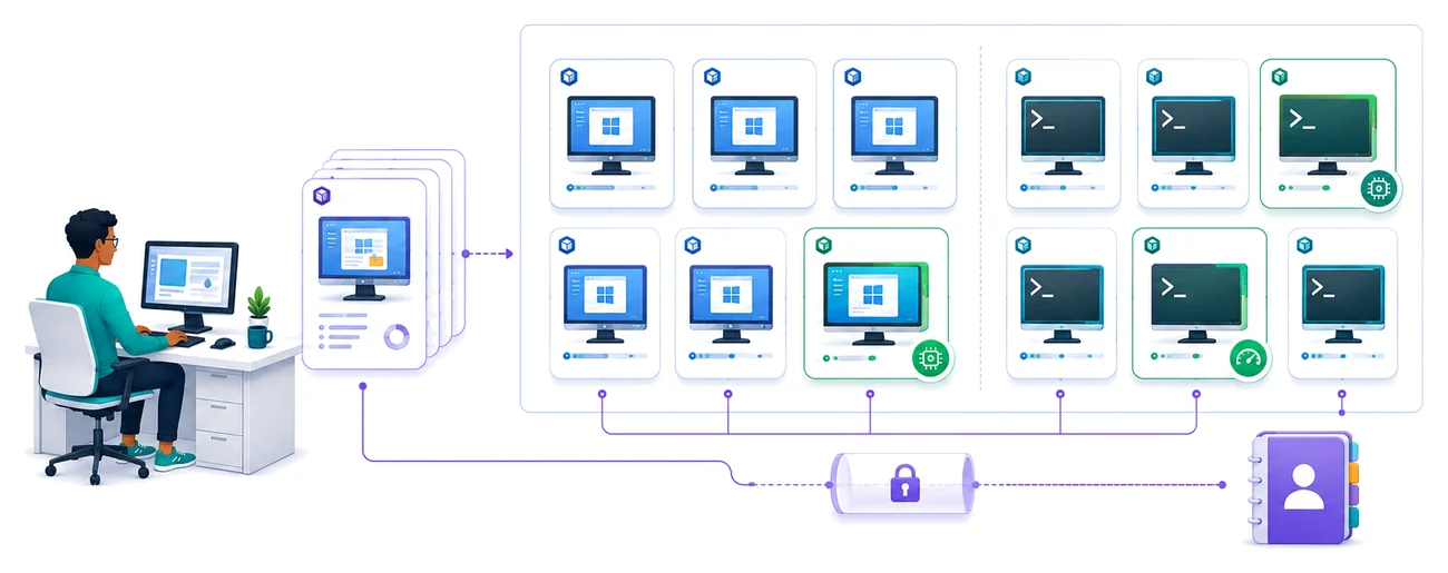 An engineer publishing a stack of desktop image templates into a catalogue of ten virtual desktops — Windows and Linux, some marked as higher-powered — all linked through one encrypted tunnel to a single directory.