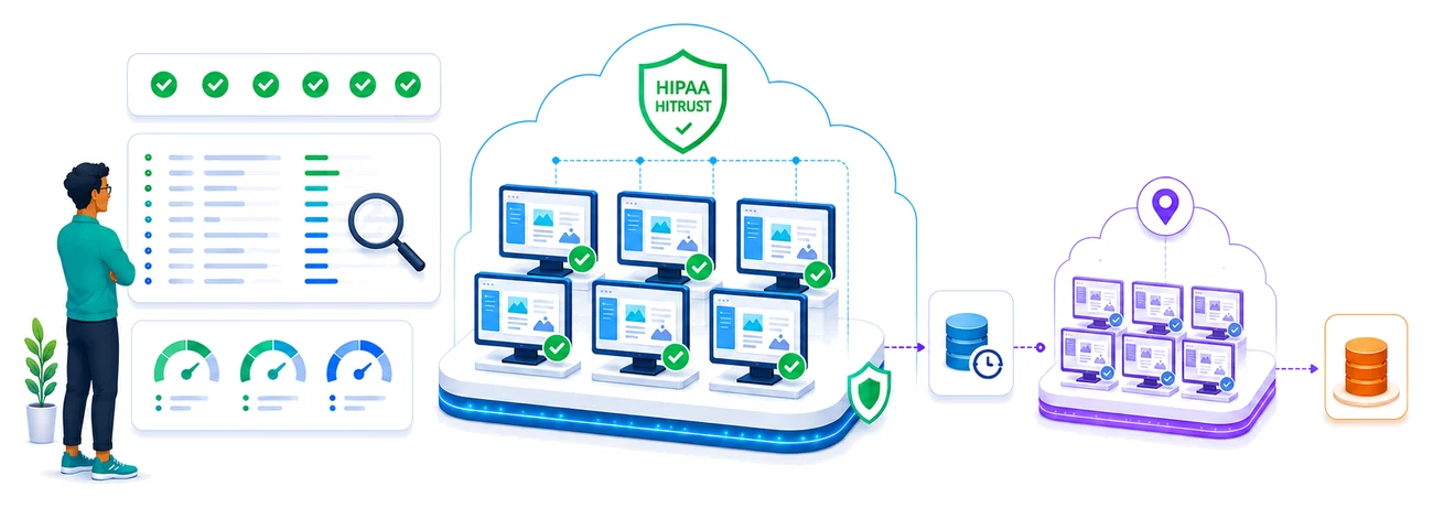 A compliance wall of green status checks, audit logs and gauges beside cloud desktops under a HIPAA and HITRUST shield, with snapshots replicating to a second region and a copy held outside the cloud.